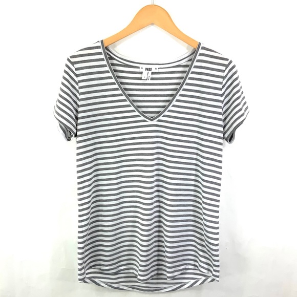 PAIGE Size Large Tee Gray & White Striped V-Neck Short Sleeve T-Shirt M17 - Picture 2 of 7
